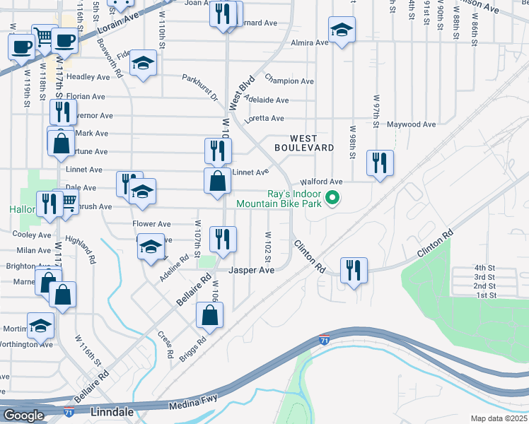 map of restaurants, bars, coffee shops, grocery stores, and more near 3594 West 102 Street in Cleveland
