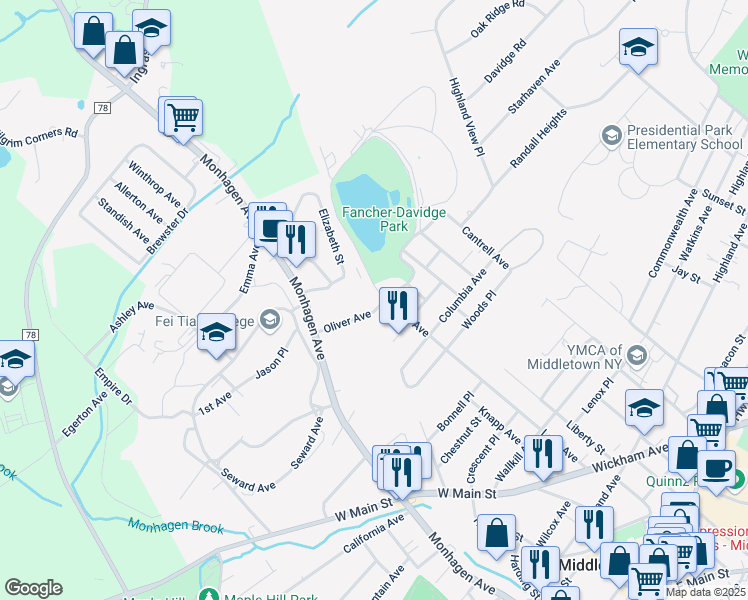 map of restaurants, bars, coffee shops, grocery stores, and more near 20 Oliver Avenue in Middletown