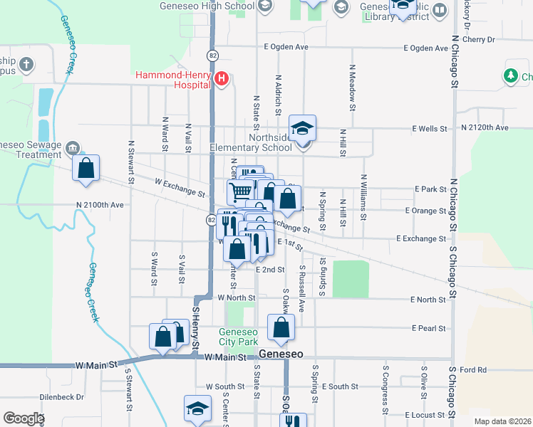map of restaurants, bars, coffee shops, grocery stores, and more near 111 East Exchange Street in Geneseo