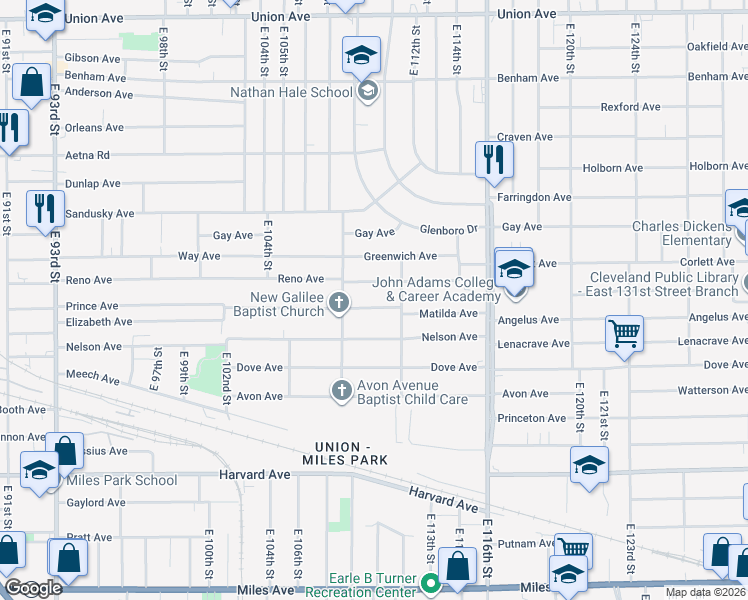 map of restaurants, bars, coffee shops, grocery stores, and more near 11020 Prince Avenue in Cleveland