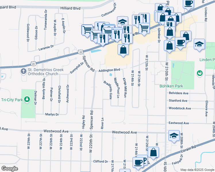 map of restaurants, bars, coffee shops, grocery stores, and more near 3550 Bradfords Gate in Rocky River