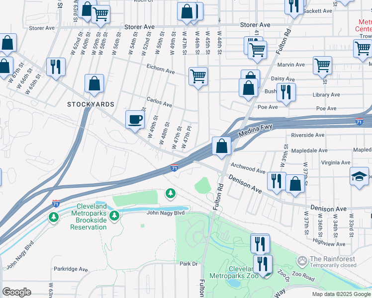 map of restaurants, bars, coffee shops, grocery stores, and more near 4711 Denison Avenue in Cleveland