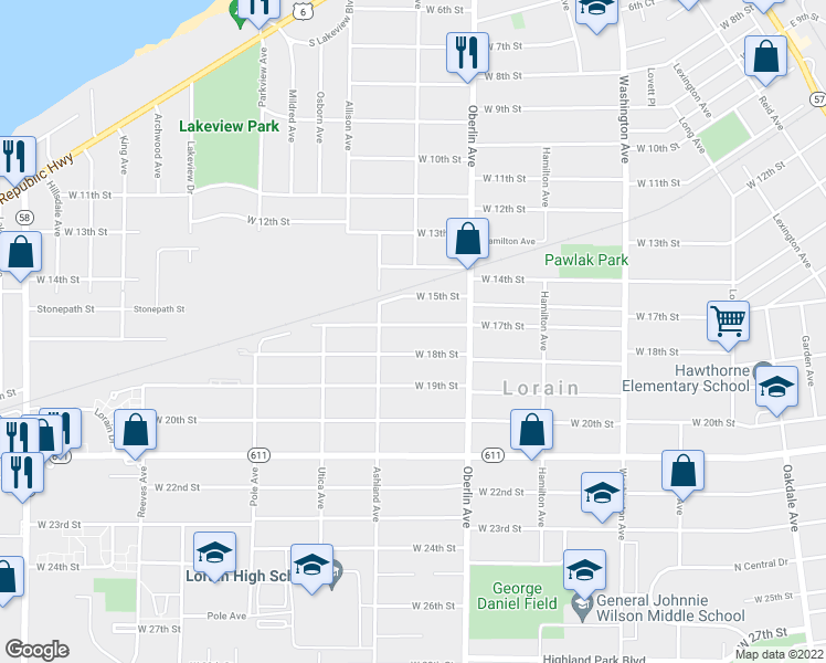 map of restaurants, bars, coffee shops, grocery stores, and more near 1247 West 17th Street in Lorain