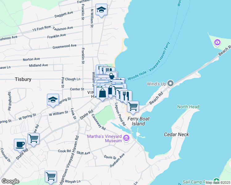 map of restaurants, bars, coffee shops, grocery stores, and more near 47 Water Street in Tisbury