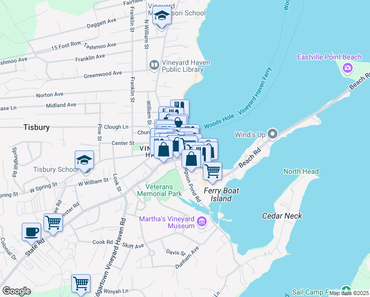 map of restaurants, bars, coffee shops, grocery stores, and more near 47 Water Street in Tisbury