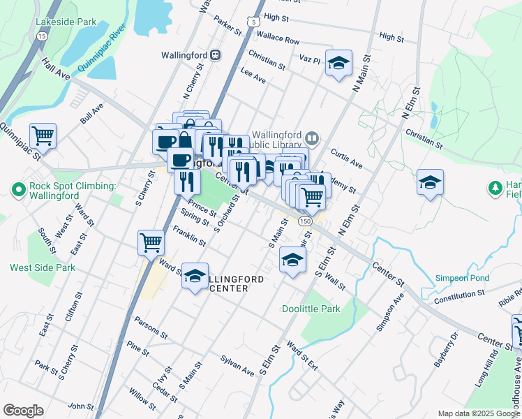 map of restaurants, bars, coffee shops, grocery stores, and more near 34 South Whittlesey Avenue in Wallingford