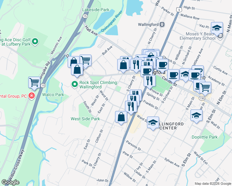 map of restaurants, bars, coffee shops, grocery stores, and more near 11 Washington Street in Wallingford