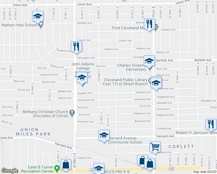 map of restaurants, bars, coffee shops, grocery stores, and more near 12017 Angelus Avenue in Cleveland