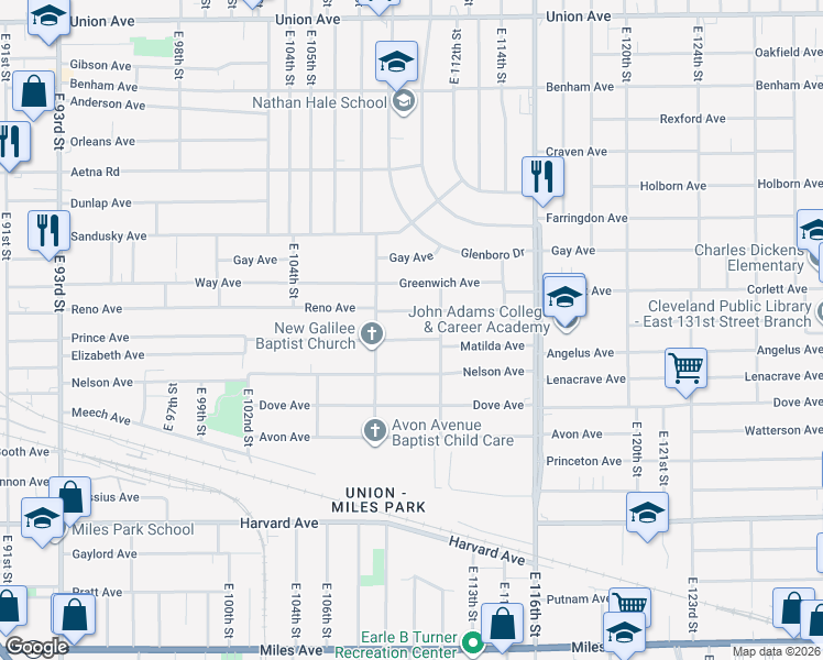 map of restaurants, bars, coffee shops, grocery stores, and more near 11020 Prince Avenue in Cleveland