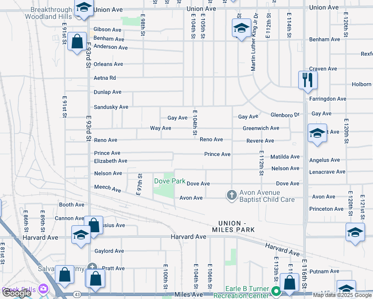 map of restaurants, bars, coffee shops, grocery stores, and more near 10214 Prince Avenue in Cleveland
