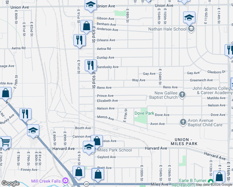 map of restaurants, bars, coffee shops, grocery stores, and more near 9617 Elizabeth Avenue in Cleveland