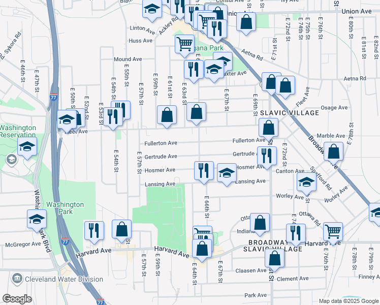 map of restaurants, bars, coffee shops, grocery stores, and more near 6500 Gertrude Avenue in Cleveland