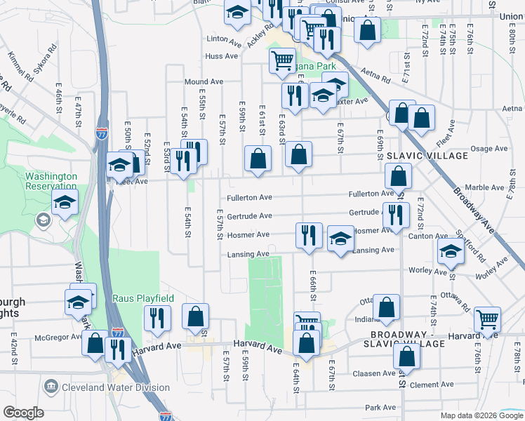map of restaurants, bars, coffee shops, grocery stores, and more near 6002 Gertrude Avenue in Cleveland