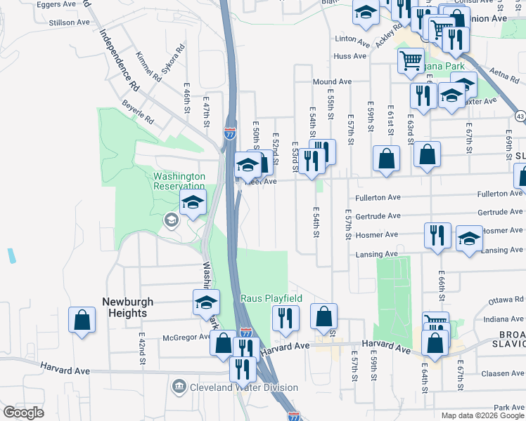 map of restaurants, bars, coffee shops, grocery stores, and more near 3822 East 50th Street in Cleveland