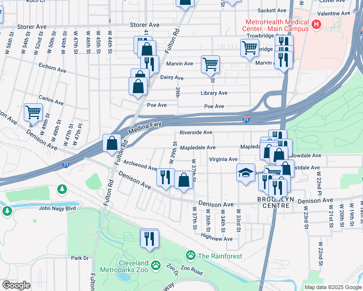 map of restaurants, bars, coffee shops, grocery stores, and more near 3710 West 37th Street in Cleveland
