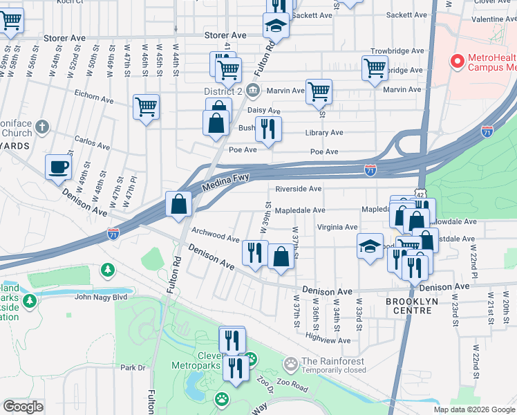 map of restaurants, bars, coffee shops, grocery stores, and more near 3710 West 39th Street in Cleveland