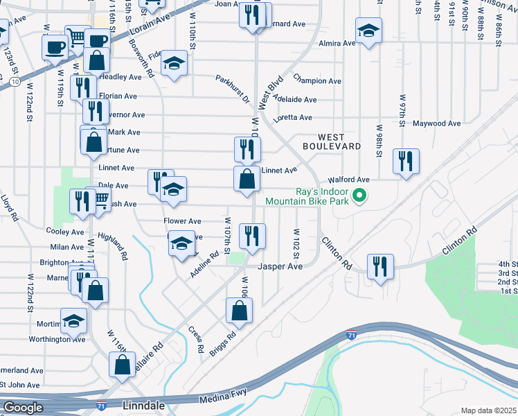 map of restaurants, bars, coffee shops, grocery stores, and more near 3606 West 104th Street in Cleveland