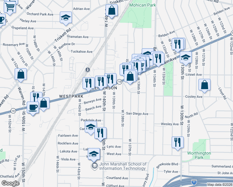 map of restaurants, bars, coffee shops, grocery stores, and more near 3626 West 139th Street in Cleveland