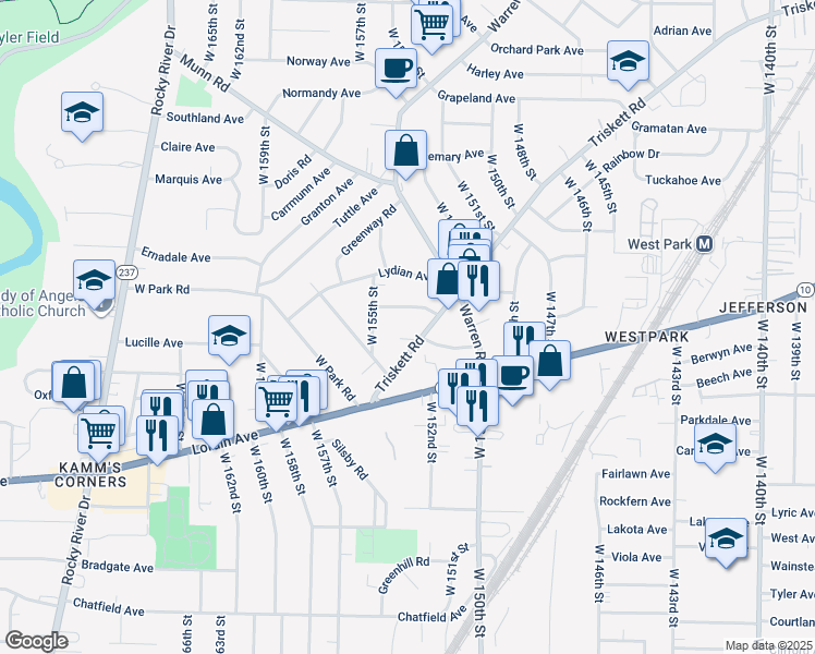 map of restaurants, bars, coffee shops, grocery stores, and more near 15321 Triskett Road in Cleveland