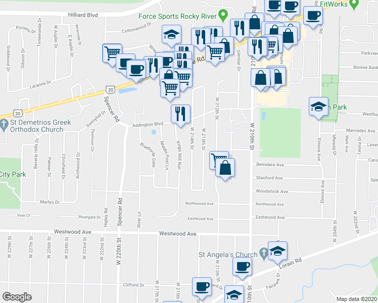 map of restaurants, bars, coffee shops, grocery stores, and more near 3930 West 214th Street in Fairview Park