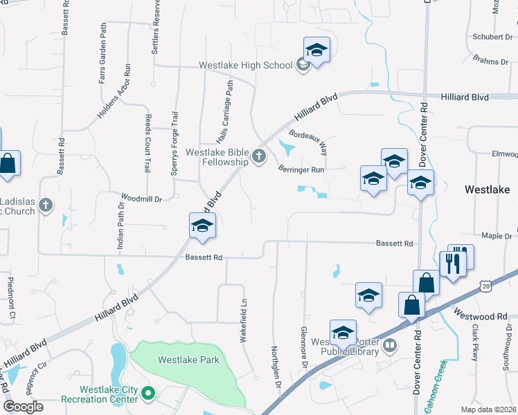 map of restaurants, bars, coffee shops, grocery stores, and more near 2349 Brigadoon Court in Westlake