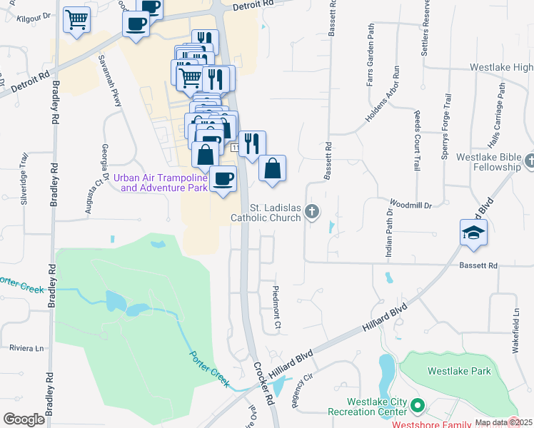 map of restaurants, bars, coffee shops, grocery stores, and more near 2345 Crocker Road in Westlake