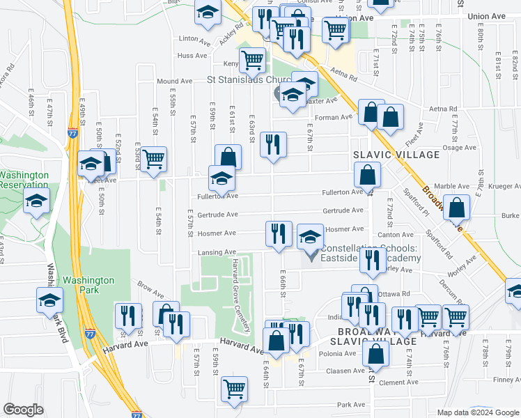 map of restaurants, bars, coffee shops, grocery stores, and more near 6401 Gertrude Avenue in Cleveland