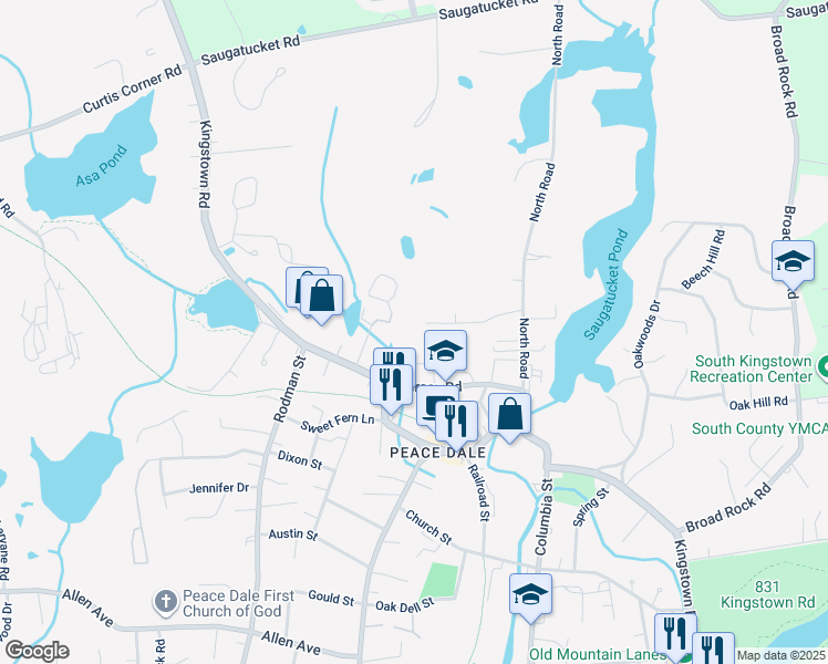 map of restaurants, bars, coffee shops, grocery stores, and more near 109 Kersey Road in South Kingstown