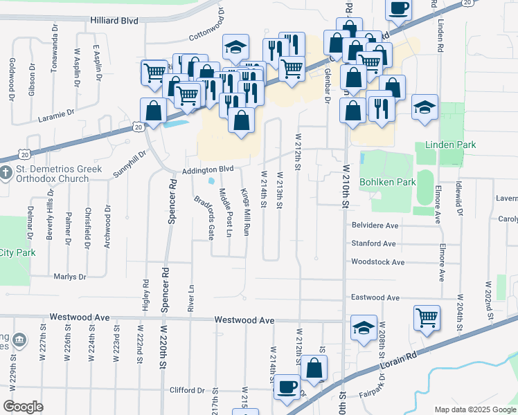 map of restaurants, bars, coffee shops, grocery stores, and more near 3930 West 214th Street in Fairview Park