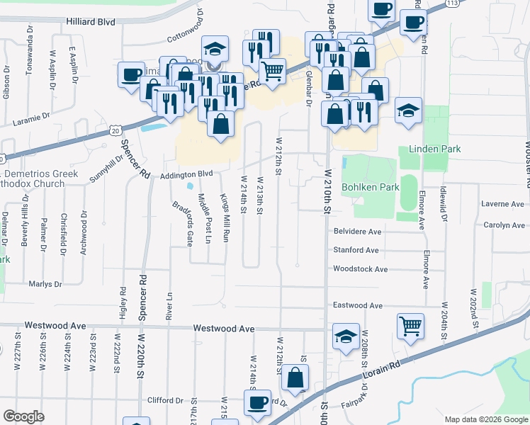 map of restaurants, bars, coffee shops, grocery stores, and more near 3935 West 213th Street in Fairview Park