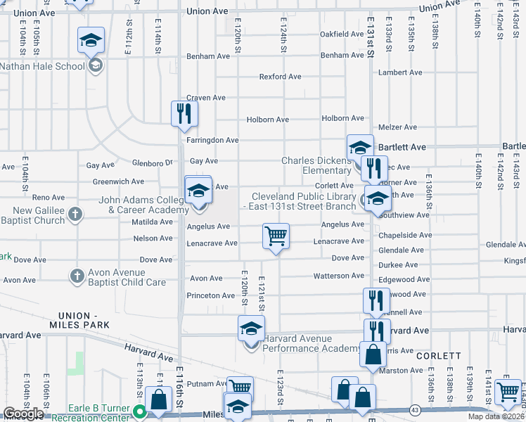 map of restaurants, bars, coffee shops, grocery stores, and more near 12017 Angelus Avenue in Cleveland