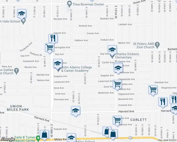 map of restaurants, bars, coffee shops, grocery stores, and more near 12314 Revere Avenue in Cleveland