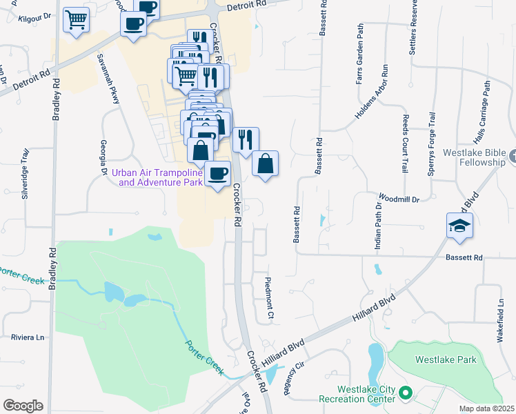 map of restaurants, bars, coffee shops, grocery stores, and more near 2345 Crocker Road in Westlake