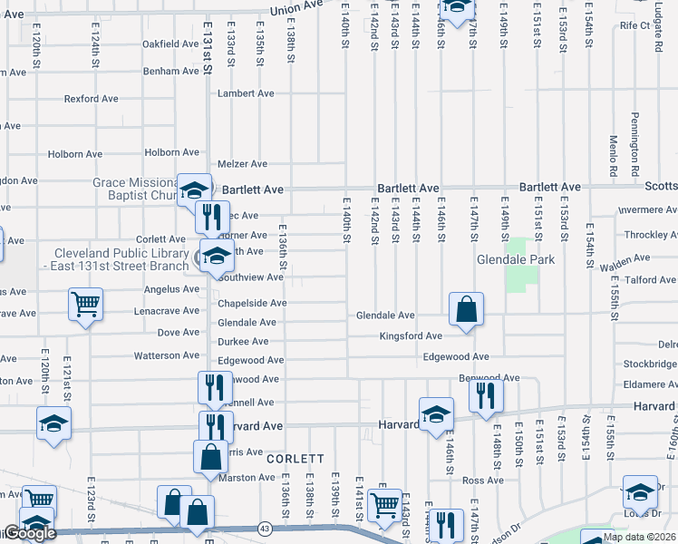 map of restaurants, bars, coffee shops, grocery stores, and more near 3872 East 140th Street in Cleveland