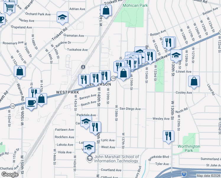 map of restaurants, bars, coffee shops, grocery stores, and more near 3626 West 139th Street in Cleveland