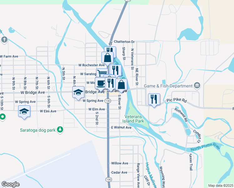 map of restaurants, bars, coffee shops, grocery stores, and more near 123 East Bridge Avenue in Saratoga