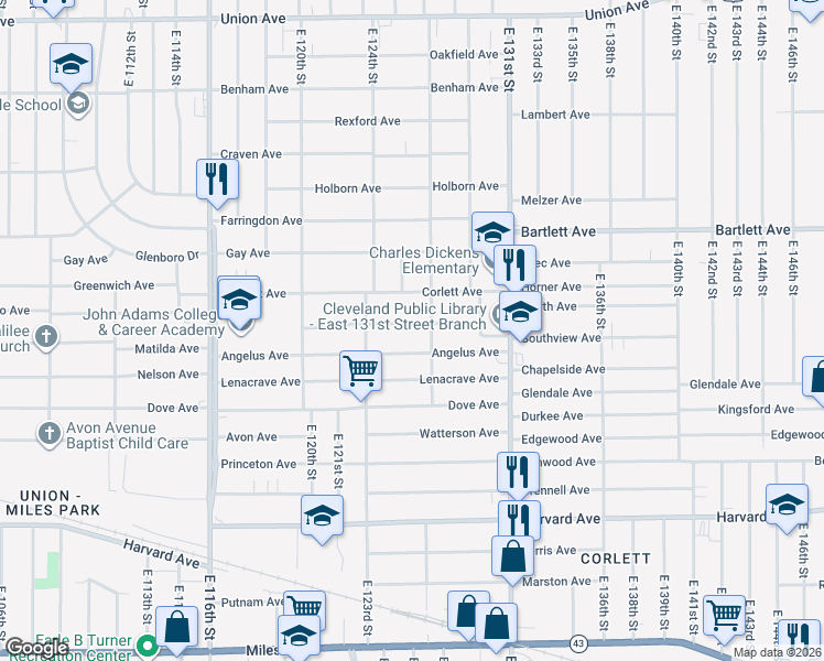 map of restaurants, bars, coffee shops, grocery stores, and more near 12413 Angelus Avenue in Cleveland
