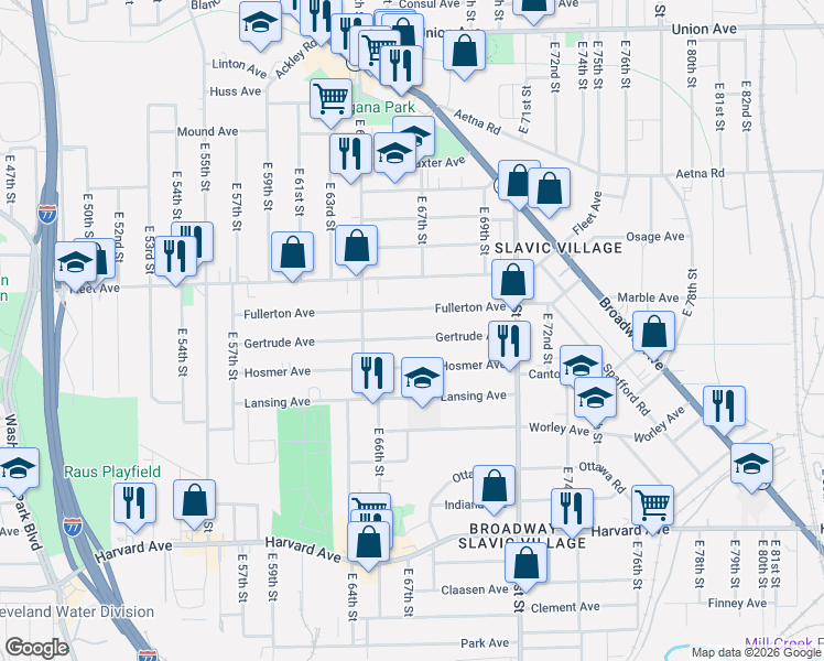 map of restaurants, bars, coffee shops, grocery stores, and more near 6608 Gertrude Avenue in Cleveland