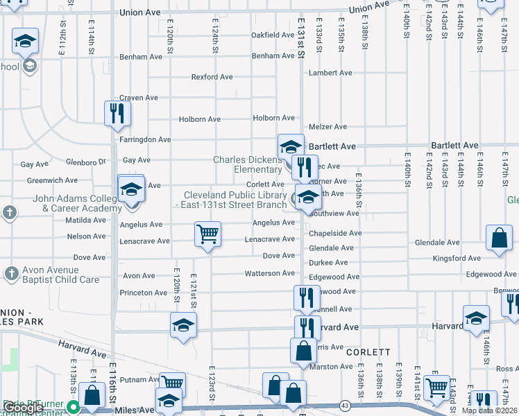 map of restaurants, bars, coffee shops, grocery stores, and more near 12705 Angelus Avenue in Cleveland