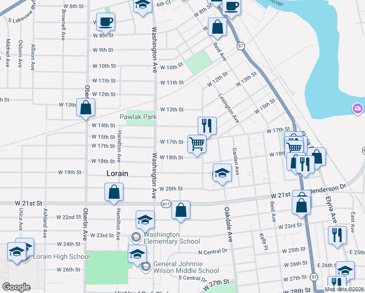 map of restaurants, bars, coffee shops, grocery stores, and more near 820 West 18th Street in Lorain