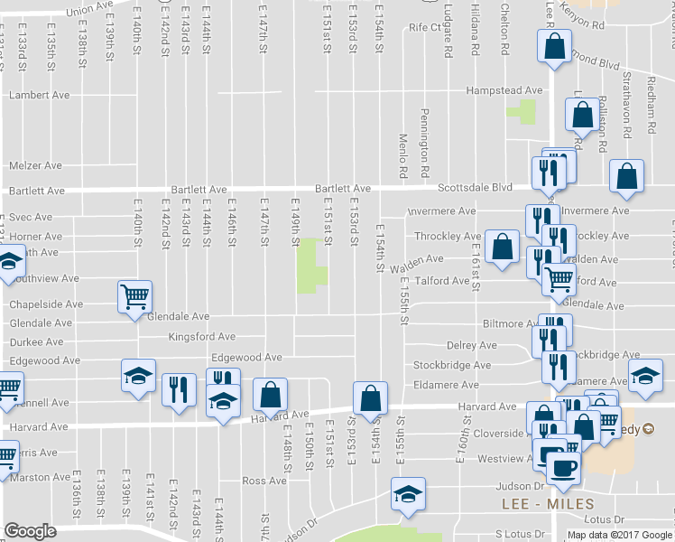 map of restaurants, bars, coffee shops, grocery stores, and more near 3876 East 153rd Street in Cleveland