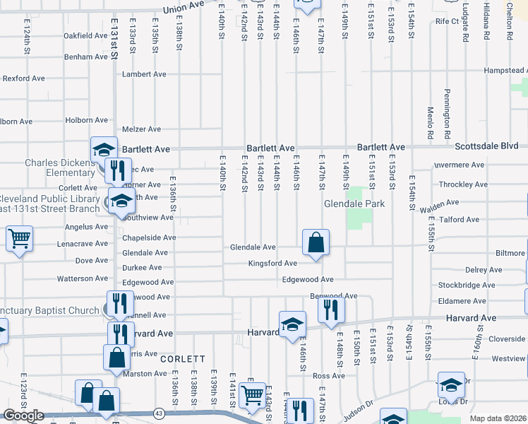 map of restaurants, bars, coffee shops, grocery stores, and more near 3873 East 143rd Street in Cleveland
