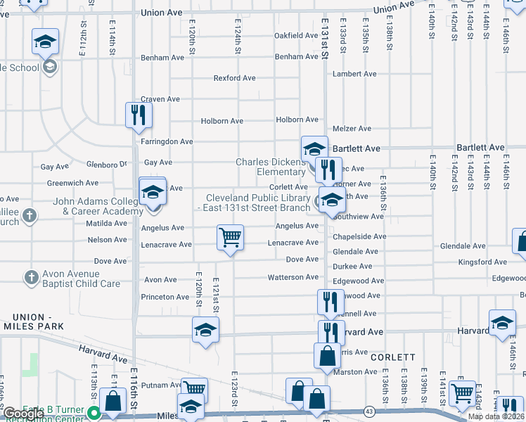map of restaurants, bars, coffee shops, grocery stores, and more near 12413 Angelus Avenue in Cleveland
