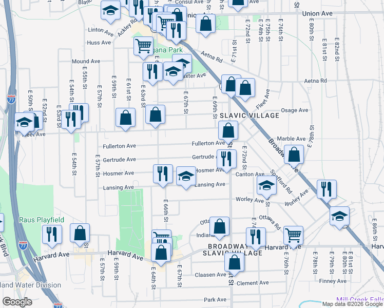 map of restaurants, bars, coffee shops, grocery stores, and more near 6724 Gertrude Avenue in Cleveland