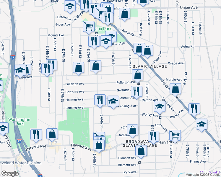 map of restaurants, bars, coffee shops, grocery stores, and more near 6608 Gertrude Avenue in Cleveland