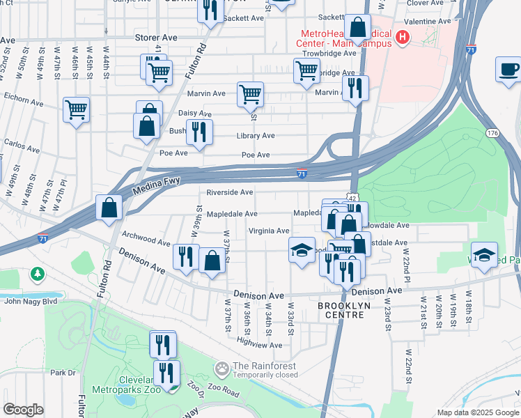 map of restaurants, bars, coffee shops, grocery stores, and more near 3415 Mapledale Avenue in Cleveland