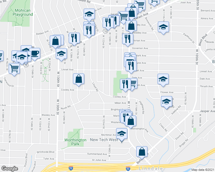 map of restaurants, bars, coffee shops, grocery stores, and more near 3639 West 122nd Street in Cleveland