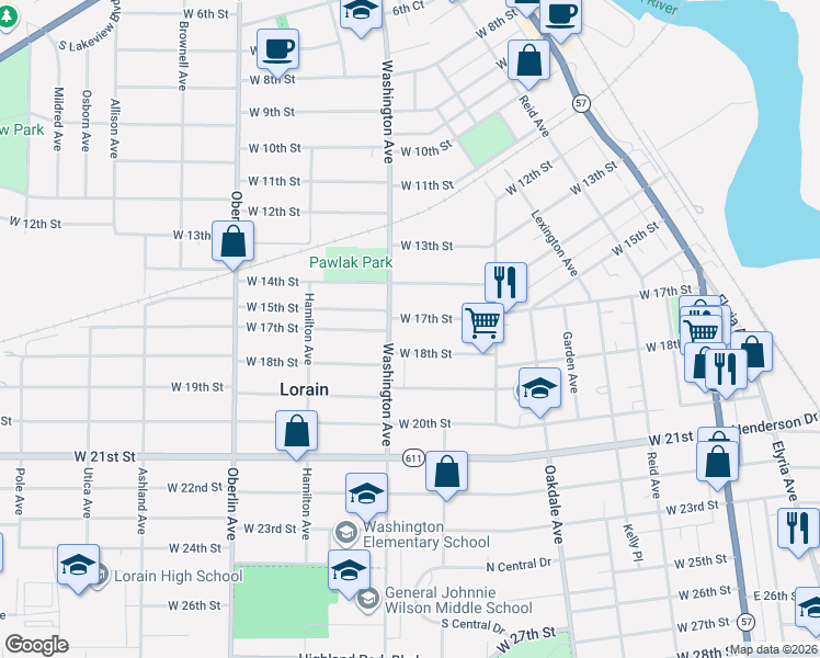 map of restaurants, bars, coffee shops, grocery stores, and more near 910 West 18th Street in Lorain
