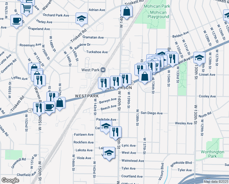 map of restaurants, bars, coffee shops, grocery stores, and more near 3658 West 140th Street in Cleveland