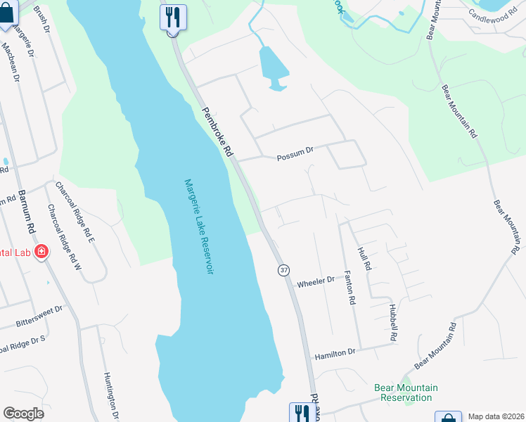 map of restaurants, bars, coffee shops, grocery stores, and more near 7 Woodridge Lane in New Fairfield